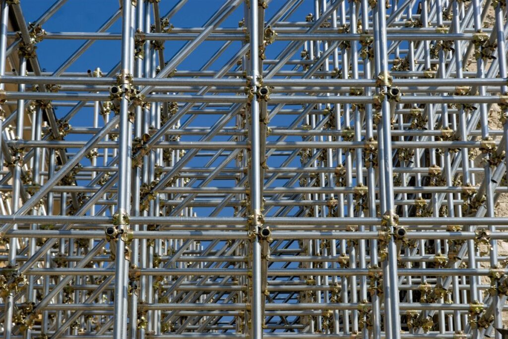 Cuplock scaffolding erection procedure in use on a Bladez working scaffold platform at height